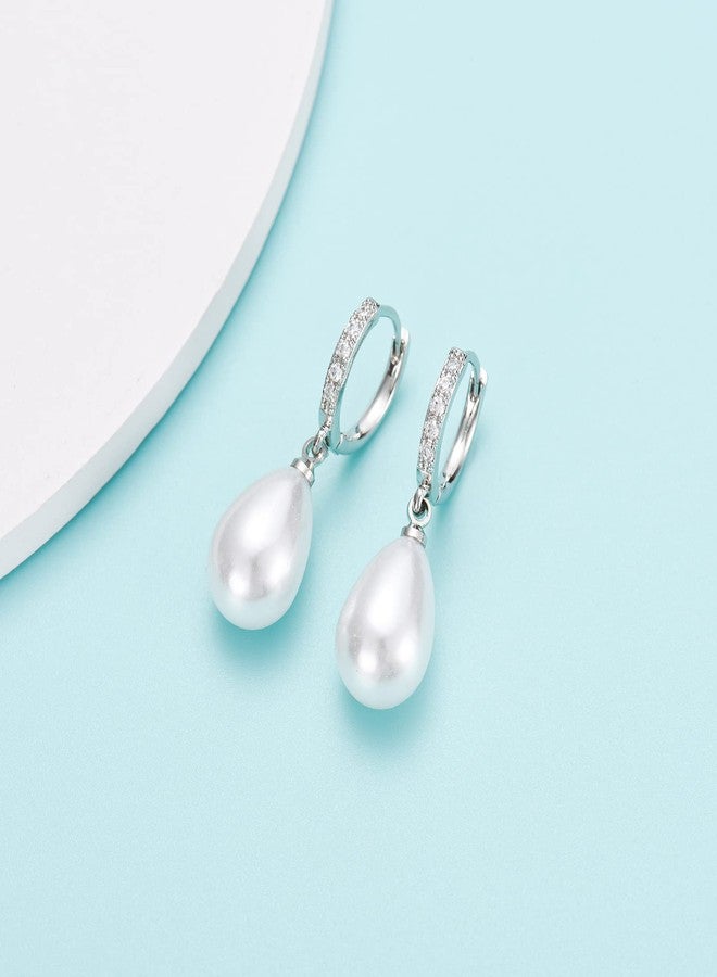 EPIRORA Sterling Silver Simulated Shell Pearl Hoop Earrings Cubic Zirconia Dangle Drop Earrings Jewelry for Women 10mm, Gold (Teardrop) - Image 4
